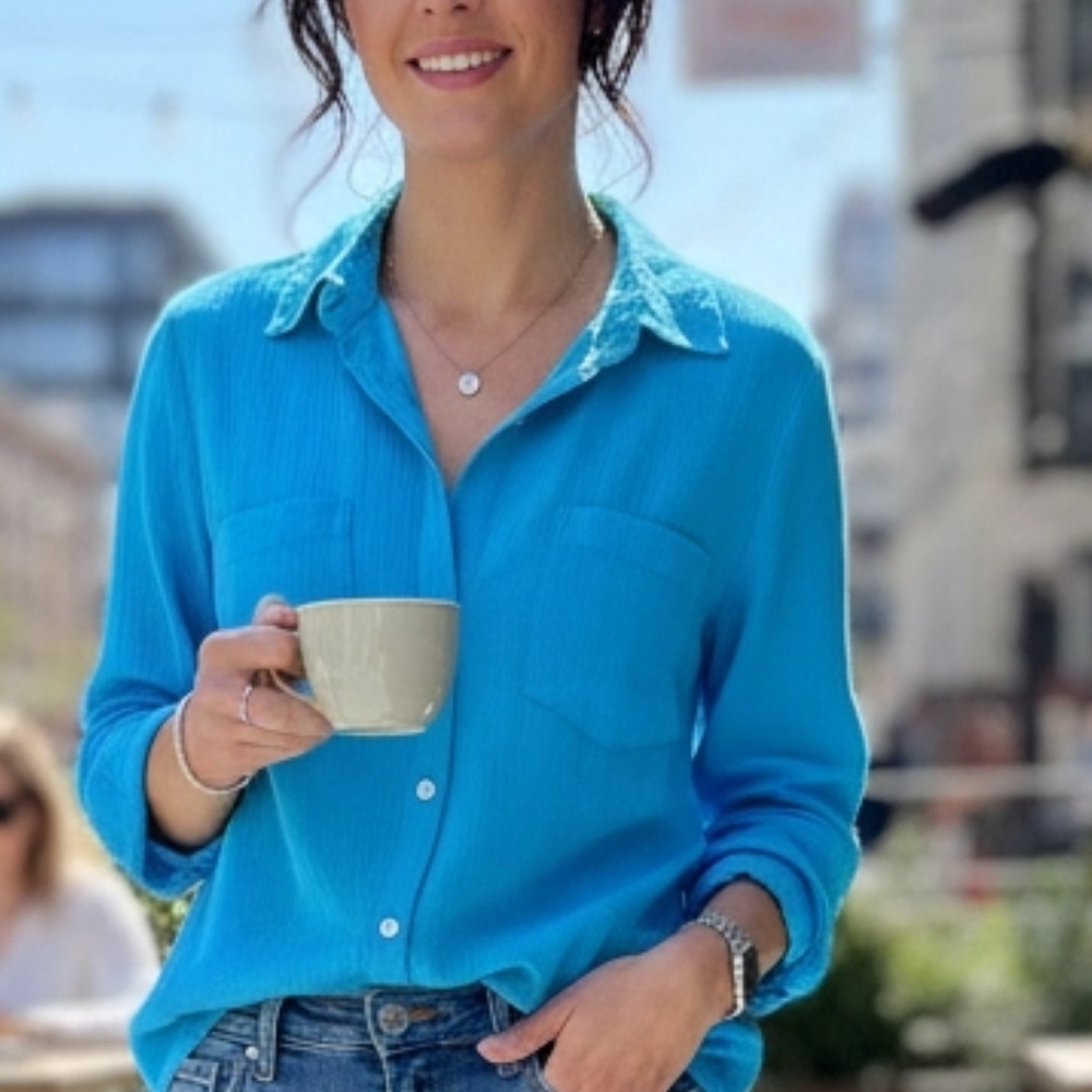 Lovely CHICO'S 100% Cotton Button Front Blouse Turquoise Chico's Size 2 (12/14)